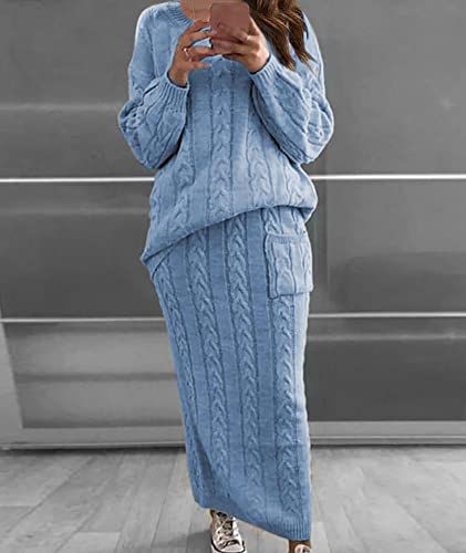 Image of Sexyshine Women's Cable Knit Long Skirt 2 Piece Outfit Chunky Oversized Pullover Sweater Top and Long Pencil Skirt Sets