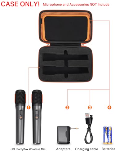 RAIACE Hard Travel Storage Case Compatible JBL Wireless Two Microphone System, Mesh Pocket for Singing or Karaoke for Receivers, Adapters, AA Batteries. (Case Only!) - Black(Orange Lining)