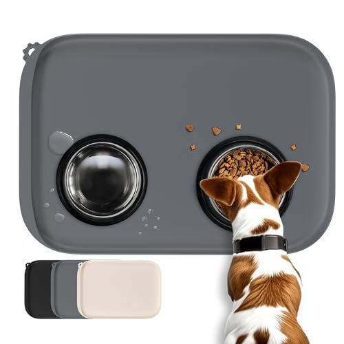 Silicone Dog Food Mat with Side Pocket & Hook Hole, Soft Raised Edges, Easy Clean Waterproof...