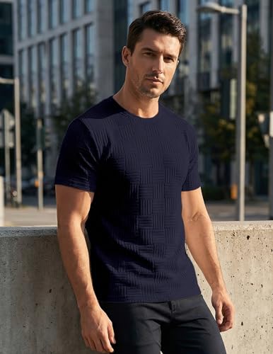 Image of JMIERR Mens T-Shirt Casual Stretch Solid Crewneck Short Sleeve Tees Textured Shirts