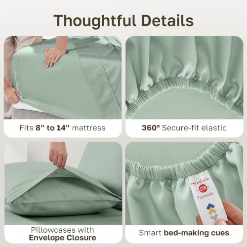 Image of California Design Den Deep Pocket Queen Sheets Set - Natural 100% Cotton Bed Sheets, Soft Sateen Weave, All Around Elastic, Breathable and Durable Bedding - Frosty Green