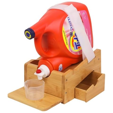Bamboo Laundry Detergent Holder with Drip Tray and Storage Drawer by HTB, Detergent Holder With Downward Slop Design Cover