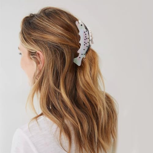 Fish-Shaped Hair Claw Clip, Pearlescent White with Dotted Design Hair Accessory for Women Girls Gift, Shark Tooth Grip, 5 Inch