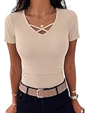 Aottori T-Shirt Damen Kurzarm Sommer Tshirt V-Ausschnitt Oberteile Elegant Basic Gerippt Tee Shirts Engere Passform Stretch Einfarbig Top Aprikose M