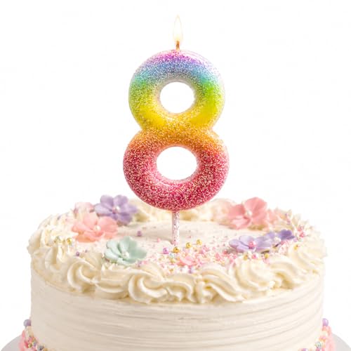 Image of Wanna Party Glitter Colorful 8th Birthday Candle, Birthday Number 8 Cake Candle Cake Toppers for Girl Women, Glitter Colorful Themed Party Decorations Supplies Birthday Gifts