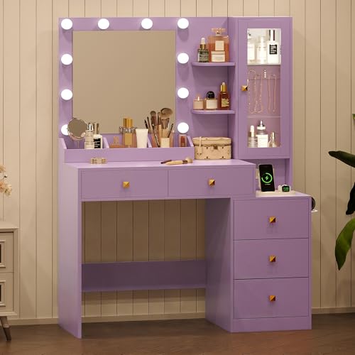 Image of HUANLEGO Vanity Desk with Mirror and Lights, Purple Makeup Vanity Set with 5 Drawers, Jewelry Organizer& LED Glass Cabinet, 3 Light Mode Dressing Table for Girls, Vanities Mirror with Lights Desk