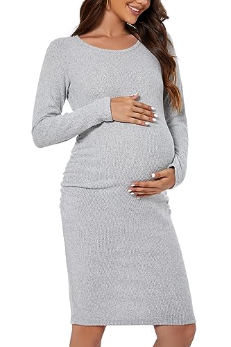 Smallshow Women'S Knit Maternity Dress Long Sleeve Pregnancy Clothes Medium,Light Grey cover