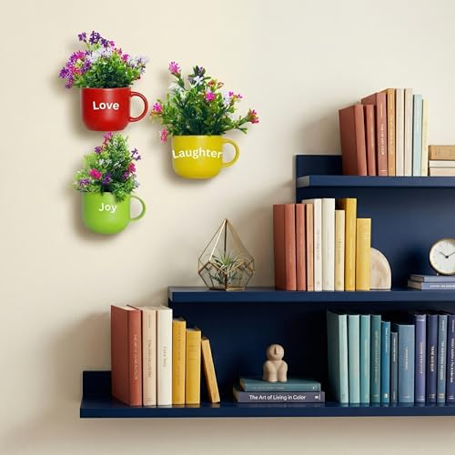 Image of Dekorly Wall Hanging Mug Planters with Artificial Flowers (20CM) - Decorative Hanging Cups, Colorful Floral Wall Decor for Living Room Bedroom Balcony Office Gift Set (3, Love Laughter Joy)