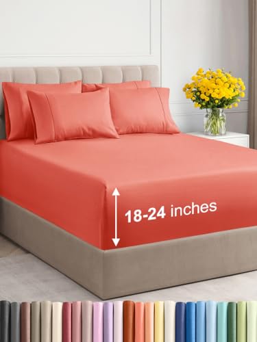 Extra Deep Queen Sheet Set - 6 Piece Breathable and Cooling Sheets - Hotel Luxury Bed Sheets Set - Easy & Secure Fit - Soft, Wrinkle Free and Comfy Sheets Set - Coral Sheet Set with Extra Deep Pockets