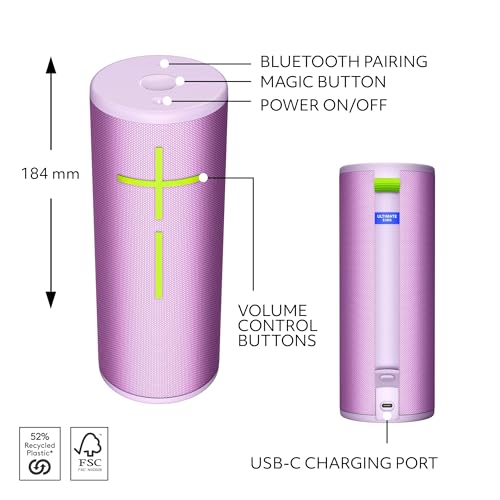 Image of Ultimate Ears Boom 4 Portable Waterproof Bluetooth Speaker with 360-Degree, Bold, Immersive, Crystal-Clear Sound, Floating Speaker with 15-Hour Battery and 147ft (45m) Range - Lilac