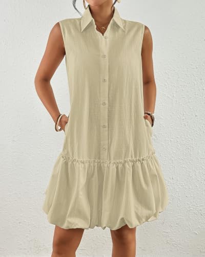 Image of Bsubseach Womens Casual Summer Dresses Sleeveless Linen Bubble Mini Short Dress Button Down Shirt Sundress with Pockets