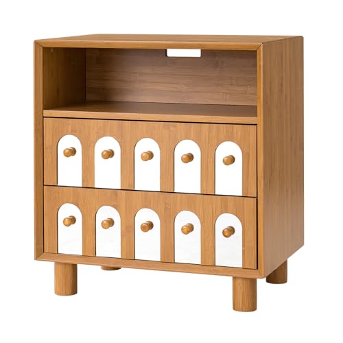 Image of 26 inch Tall Nightstand with Charging Station - Modern Wood Bedside Table with 2 Drawers & Mirror Handles, 200lb Large End Table for Bedroom (Natural)