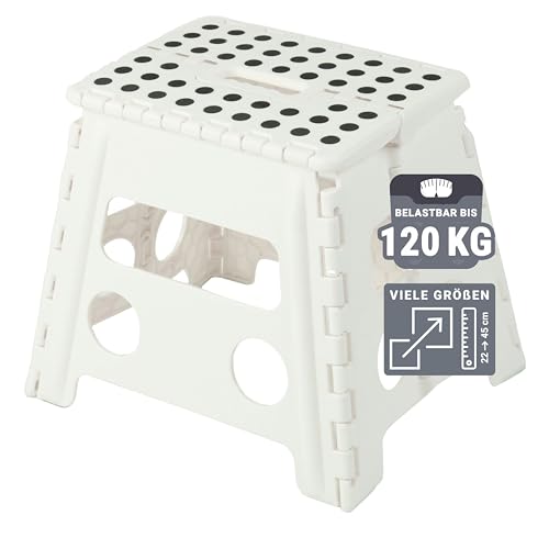 ZOLLNER Tritthocker faltbar - Klapphocker für Kinder und Erwachsene bis 120kg - Anti-Rutsch-Beschichtung - mit praktischem Tragegriff - extrem leicht - 30 cm hoch - Kunststoff - weiß