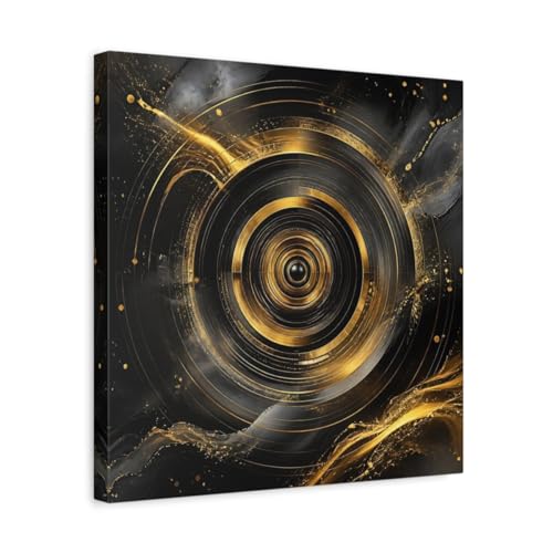 Toile abstraite cercles noirs et dorés idéale au-dessus de la cheminée
