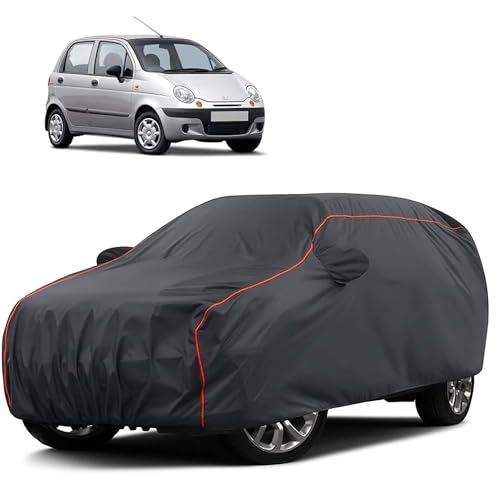 Image of Sulfar 100% Water Resistant Car Body Cover Compatible with Mirror for Daewoo Matiz (Triple Stitched, Full Bottom Elastic, Dark Grey Taffeta with Red Piping)
