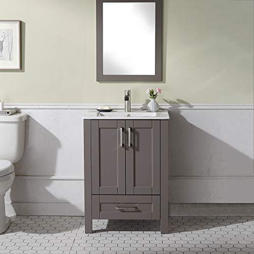 ENGELCH (Light Gray) Modern Small 24 Inch 2 Doors Stand Gray Bathroom Vanity, Storage Cabinet with Single Hole Ceramic Vessel Basin Top Vanity Sink Combo