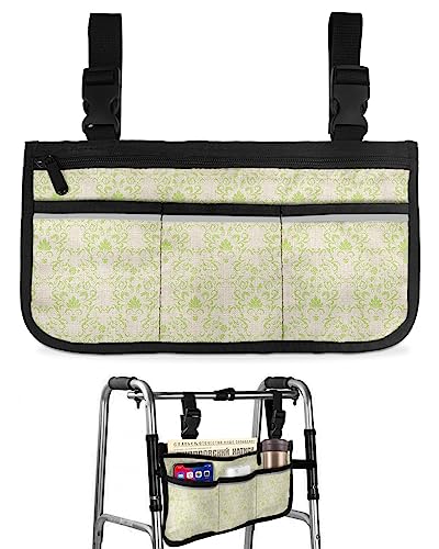 Green Baroque Wheelchair Side Bag Walker Bag, Abstract Art European Floral Pattern Wheelchair Accessories Armrest Pouch, Organizer Storage Bag for Walkers, Rollators, Scooters, 7.3''x13''