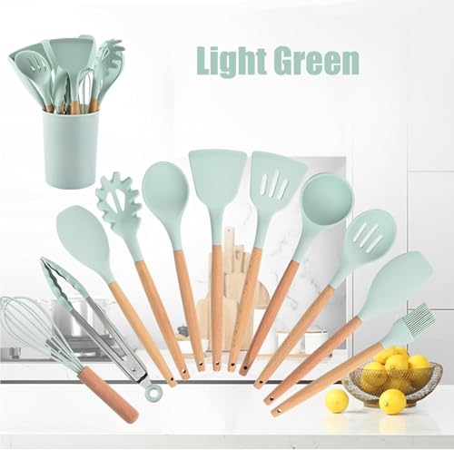 Image of Silicone Spatula Set, Spatula Set with Wooden Handle for Cooking and Mixing, for Non Stick Pan, Kitchen Tools Set of (12, Light Green)