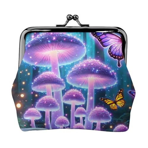 Pu Leather Buckle Coin Purse Magical-Mushrooms-Butterflies Girls Kiss-Lock Change Purse Wallets