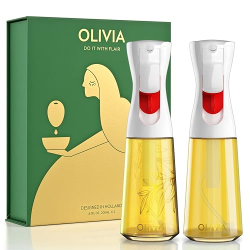FLAIROSOL OLIVIA Oil Sprayer for Cooking, 2 Pack 200ML Glass Olive Oil Sprayer, Continuous Cooking Spray Dispenser with Portion Control for Kitchen Air Fryer, Salad, BBQ, White