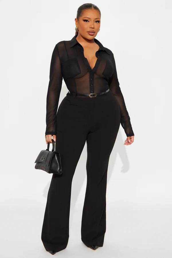 Womens Sexy Jumpsuit Long Sleeve Mesh Lapel Shirts Top Flared Pants Sexy Club Party Jumpsuit - Image 6
