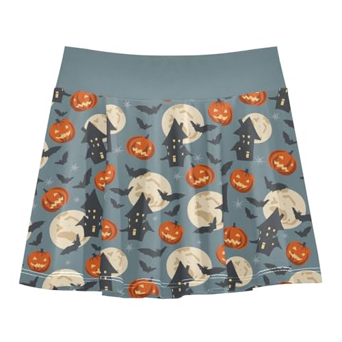 Girls Skorts High Waist Athletic Skirts with Shorts Halloween Pumpkin Stretchy Teens Performance Tennis