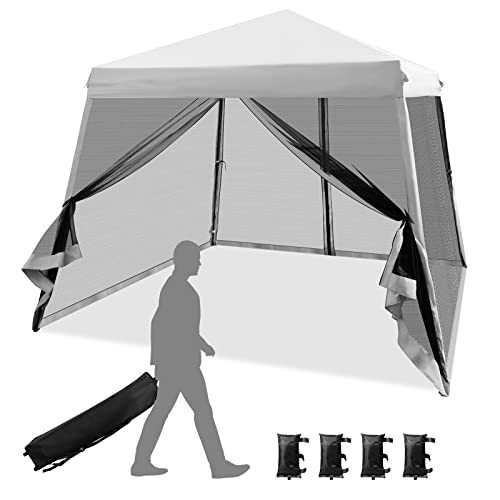 COSTWAY 3x3 m Pop Up Pavillon mit Moskitonetz und Sandsäcke, Faltpavillon faltbar, UV-Schutz 50+, Gartenzelt Partyzelt stabil, Gartenpavillon für Garten, inkl. Rolltasche (Grau)