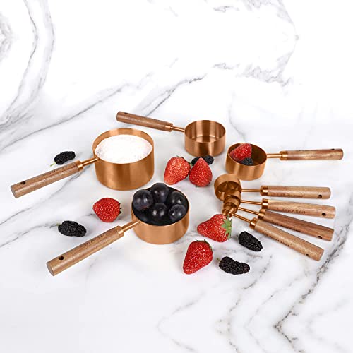 Prettyfine Collection 8 Piece Rose Gold Measuring Cups Set And Measuring Spoons, Golden With Fragrant Wood Handles-Complete Set Of Measure Cups And Spoons For Cooking And Baking #TOP6