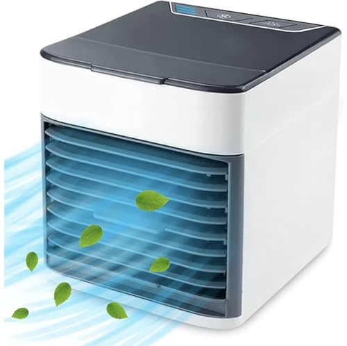 Ventilador de Mesa Silencioso y Portátil, Ventilador de Mesa Potente sin Ruido con Luz LED 4 en 1, Aire Acondicionado Humidificador, Purificador, 3 velocidades, Ideal para Hogar, Oficina y Viajes