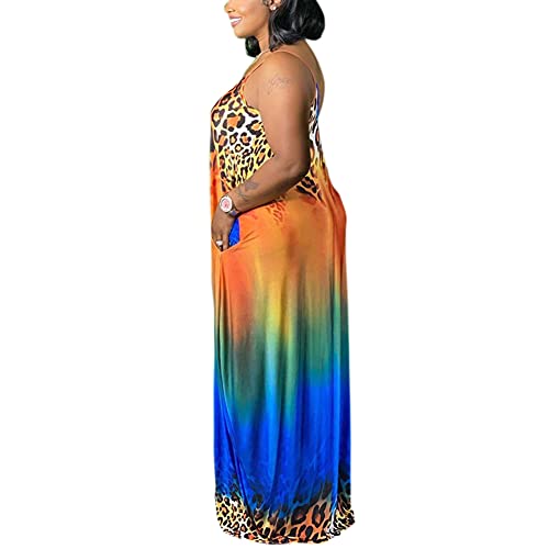 Image of BFFBABY Womens Summer Suspender Maxi Dress Plus Size Striped Printed Sleeveless with Pockets and Belt