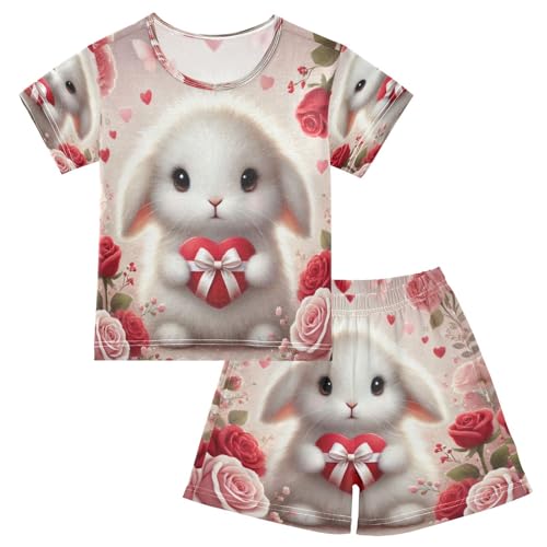 Rabbit Heart Red Valentine Pajama Set Short Sleeve Pajamas Shorts Sets Cotton Soft Loungewear Sleepwear 5Y
