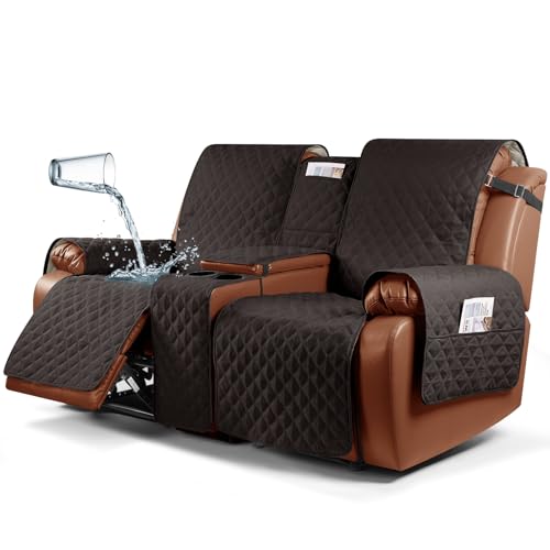 Ruaozz Waterproof Recliner Loveseat Cover with Console, Non-Slip Couch Cover Pet Cover for Double Recliner Split Sofa Cover with Elastic Straps for Kids, Dogs, Pets (Dark Coffee, 2 Seater)