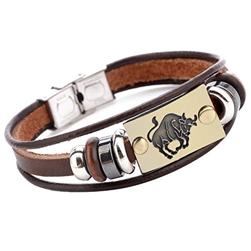 Image of Young & Forever Zodiac Sign Multi-Strand Genuine Leather Bracelet for Men & Boys - Adjustable Tribal Wristband with Antique Metal Charm