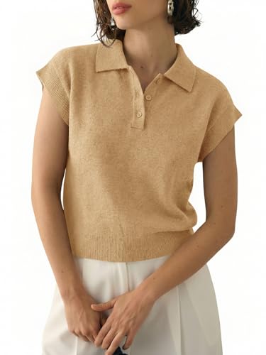 Image of Saodimallsu Womens Cap Short Sleeve Sweater Top Summer Polo Shirts Button Collared Knit Business Casual Pullover Sweater