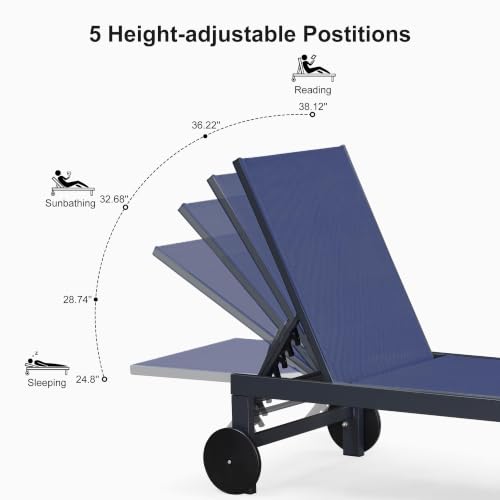 Image of PURPLE LEAF Patio Chaise Lounge with Wheels, Fade-Resistant, Navy