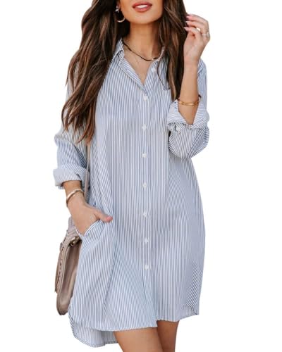 chouyatou Women's Casual Loose Fit Long Sleeve Solid Striped Button Down Shirts Dresses (Small, Navy Stripe)