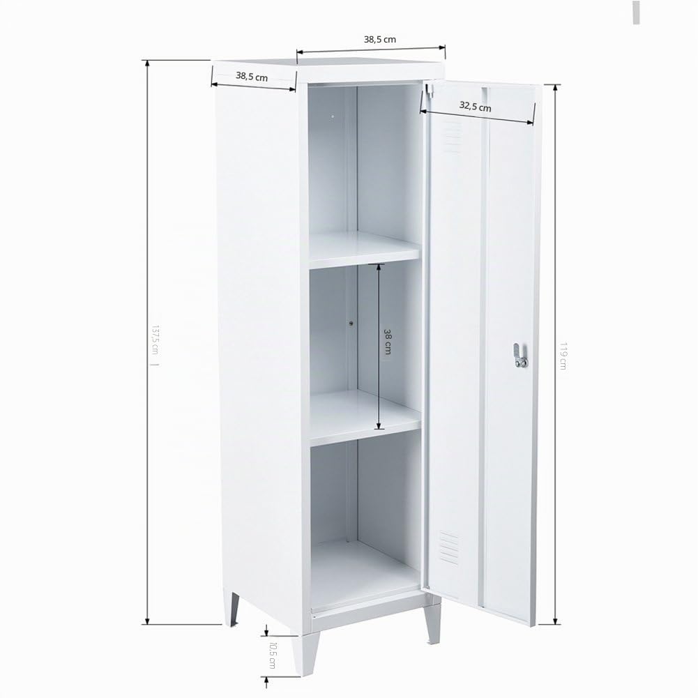 Bakaji - Armoire vestiaire métallique à casiers verrouillables, Porte avec Fermeture à clé, 3 Compartiments intérieurs, Dimensions 138 x 38,5 x 38,5 cm, Blanc