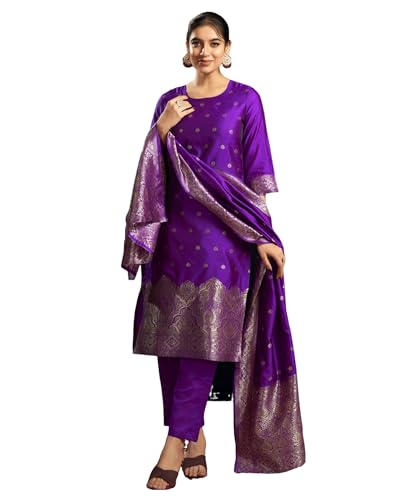 Image of SIRIL Women's Rayon Viscose Banarasi Jacquard Zari Woven Straight Kurta Pant with Dupatta Set
