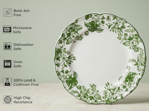 Image of Bodhi House 4-Piece Green Leaf White Porcelain Dinner Plates Set | Lightweight, Chip Resistant | Microwave & Dishwasher Safe | Elegant Tableware for Home Dining, Parties & Gifting