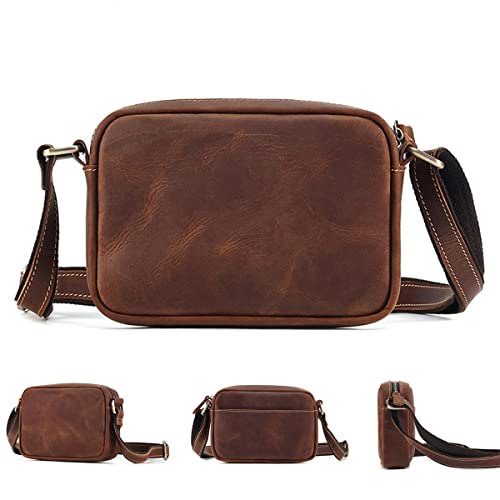 Men's Retro Crossbody Phone Bag, Small Crazy Horse Leather Shoulder Bag, High Capacity Men Handbag Casual Travel Bag, Multifunctional Zipper Messenger Bag Wallet for Phone Under 6.7 Inches Brown