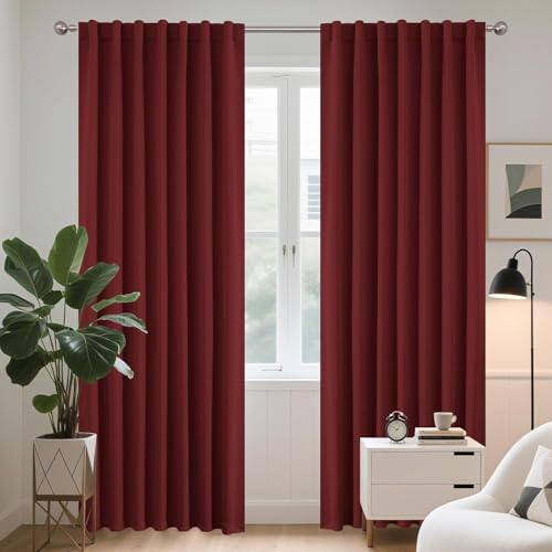 Image of Joydeco Burgundy Red Thermal Blackout Curtain, 140 x 175 cm, Thermal Insulated Curtains, Anti-Foid and Heat, Anti-Noise, Anti-UV, Hidden Tabs for Living Room, Bedroom, Balcony - 2 Pieces