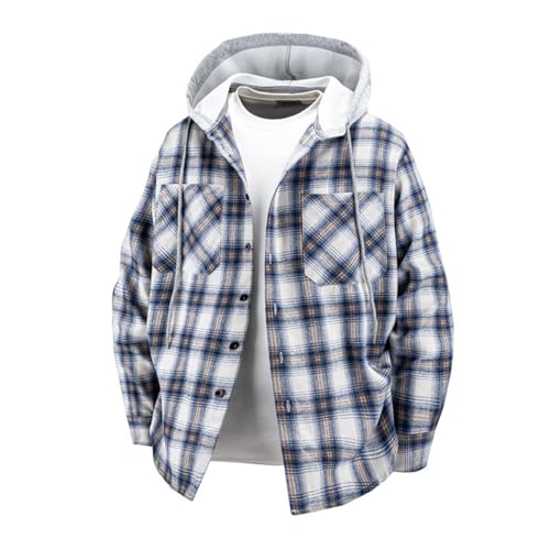 Sudadera con capucha para hombre, casual, con botones, chaqueta a cuadros, camisas cálidas, camisas elegantes de manga larga con bolsillo, azul, XXL