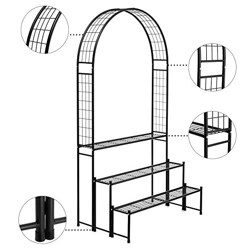 Doeworks 3 Tier Plant Stand With Garden Arch, Flower Pot Holder Display Shelf, Garden Arbor For Climbing Plants, Black #TOP2