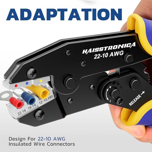 Image of haisstronica Crimping Tool for Insulated Terminals, AWG 22-10, HS-9327 | Ratchet, Adjustable Star Wheel, Full-Cycle Mechanism, Quick Release, Comfortable Grip, Home and Workshop Wiring