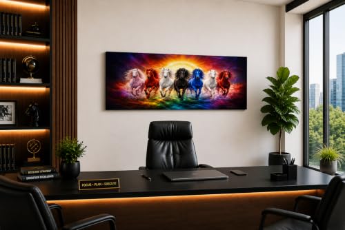 Image of 7 Horse Vastu Sunrise Canvas Painting | Positive Energy Wall Decor | Big Size Premium Running Horses Artwork for Home, Office & Hall Decoration (Modern, Galaxy Horse, 44x20 Inch)