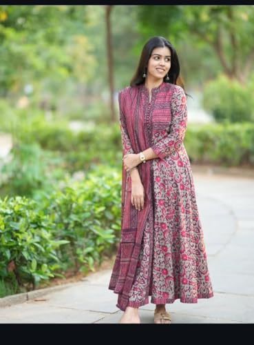 Image of Women's Cotton Trending Anarkali Printed Kurta with Pants and Dupatta Set | Ethnic Set (Blue)
