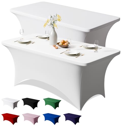 Trlyc 2 Pack 6FT Spandex Table Cloth - 72 x 30 Inch Rectangular Stretch Tablecloth, Wrinkle Resistant Scretch Table Cover for Wedding, Party, Banquet, Picnic, Outdoor Decoration (2Pcs,White)