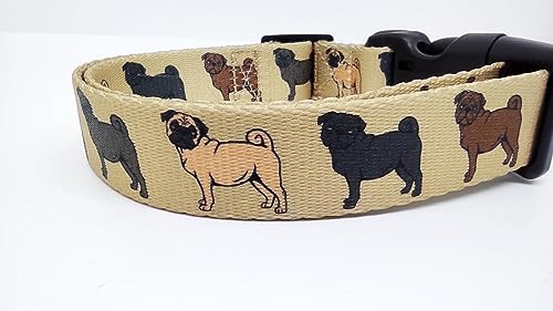 Mops Halsband Hundehalsband für Mops beige mit Mops Motiven Pug Halsband verstellbar exklusiv mit klick weich Platinum 32-50 cm x 2,5 cm breit