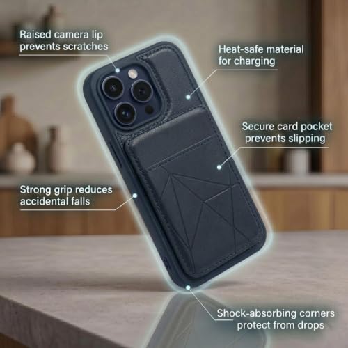 Image of amazon basics Premium Vegan Leather Back Cover with Card Holder and Integrated Mobile Stand for iPhone 16 Pro - Slim Shockproof Wallet Case with Geometric Stitching [Black]