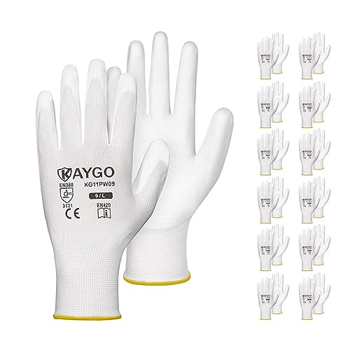 Image of KAYGO Safety Work Gloves for Men Women, PU Coated Palm & Fingers, KG11P | Smooth Grip, Breathable & Lightweight, 13-Gauge Seamless Knit, for Light Warehouse, Manufacturing, Gardening